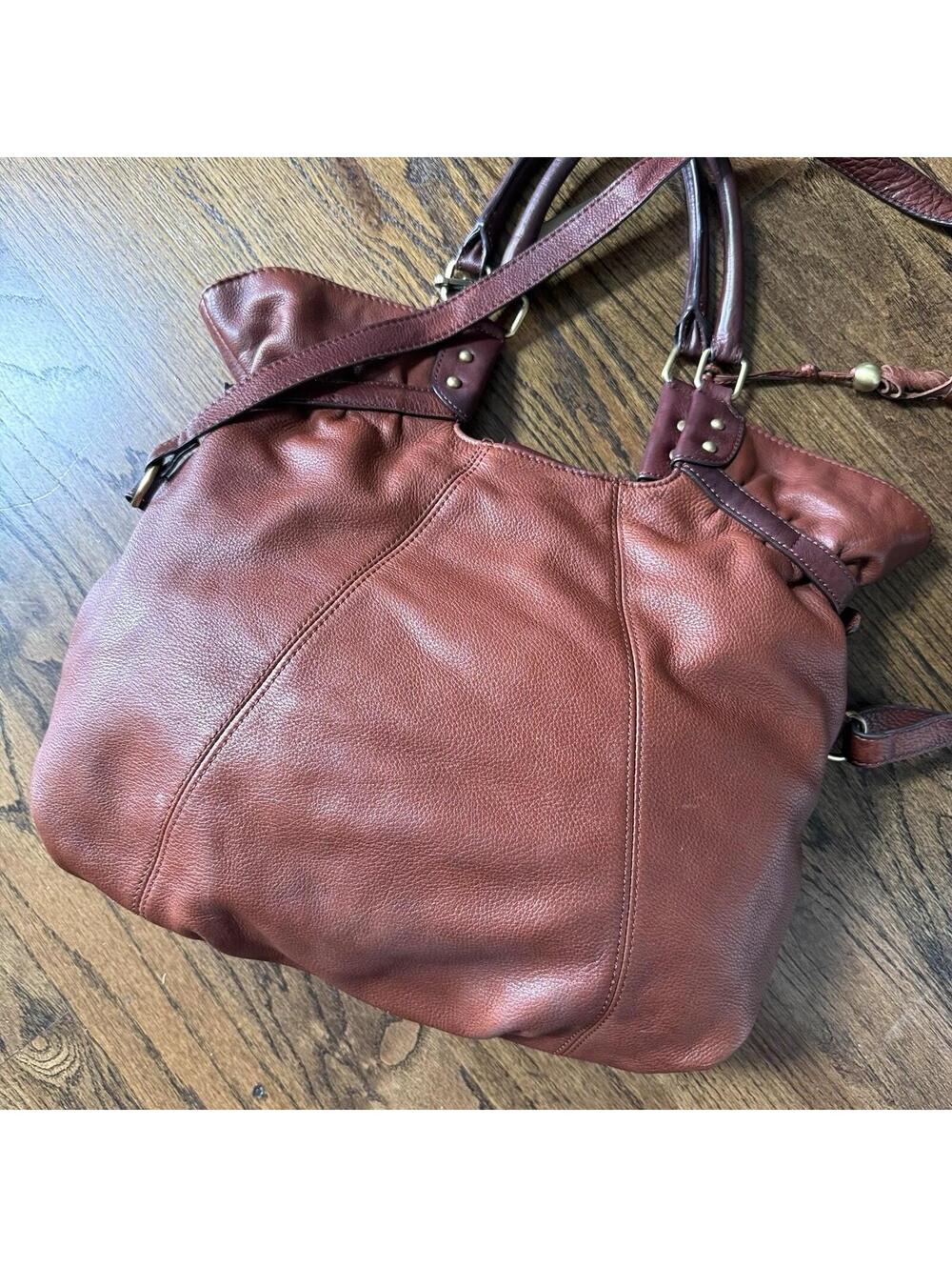 Lucky Brand Cognac Leather Boho Slouch Tote Crossbody Bag Tassel Large - Picture 7 of 11